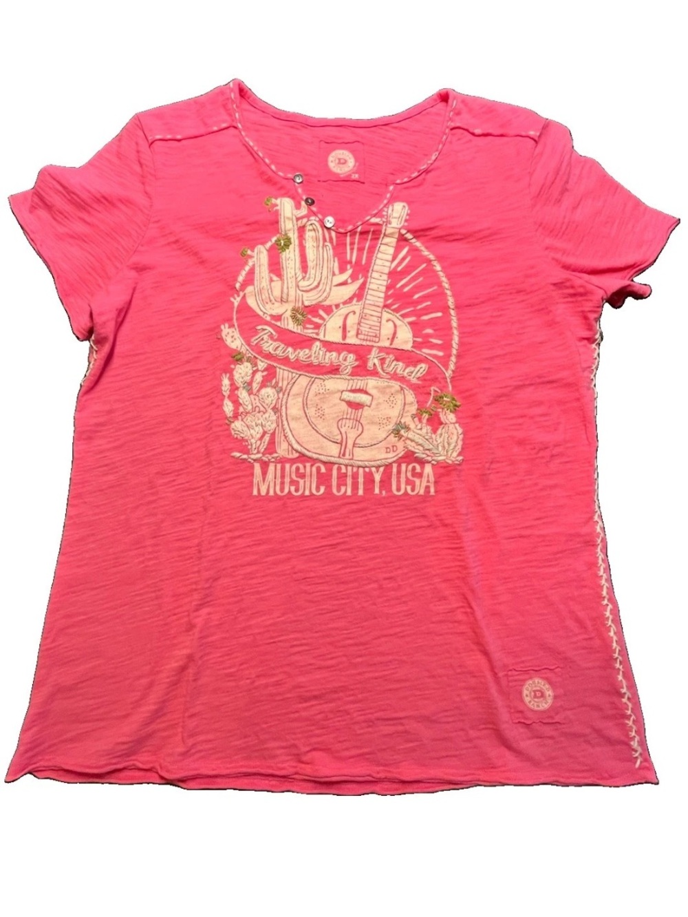 Double D Ranch Coral T-shirt with fringe, beading, embroidery detail, 2X